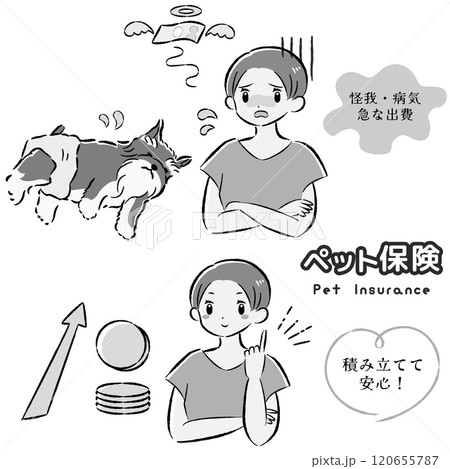 犬のペット保険のイメージと飼い主の女性のイラストセット 120655787