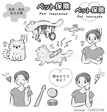 犬のペット保険のイメージと飼い主の女性のイラストセット 120655788