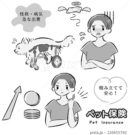 犬のペット保険のイメージと飼い主の女性のイラストセット 120655792
