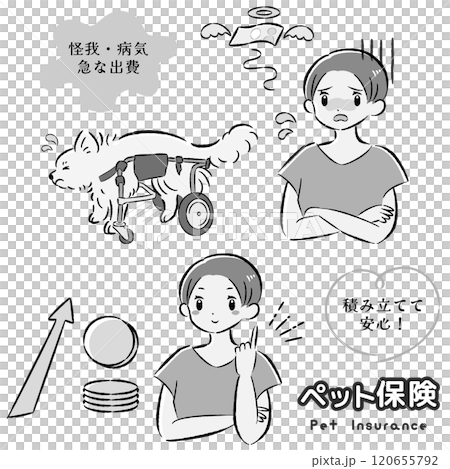 犬のペット保険のイメージと飼い主の女性のイラストセット 120655792