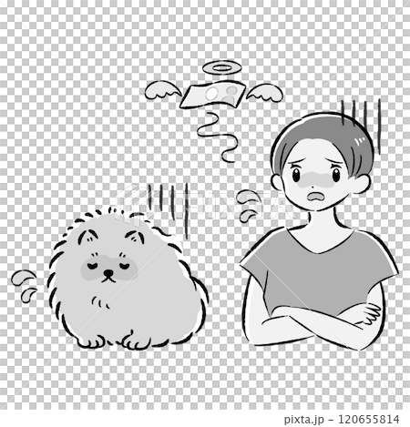 Illustration set of an unwell dog and its female owner struggling with medical expenses 120655814