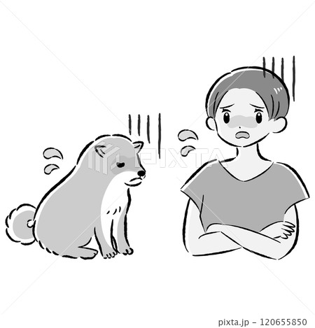 体調不良の犬と心配する飼い主の女性のイラストセット 120655850