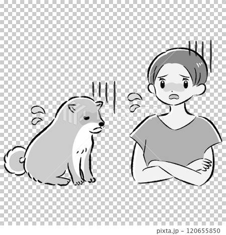 体調不良の犬と心配する飼い主の女性のイラストセット 120655850