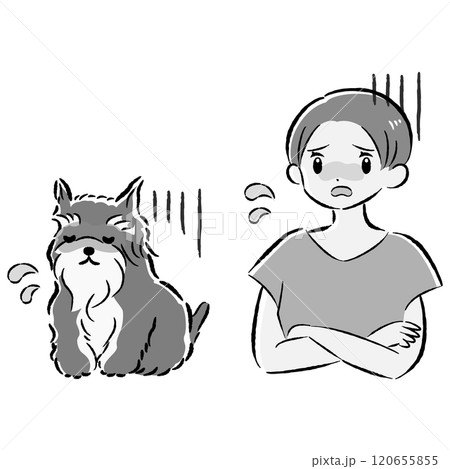体調不良の犬と心配する飼い主の女性のイラストセット 120655855