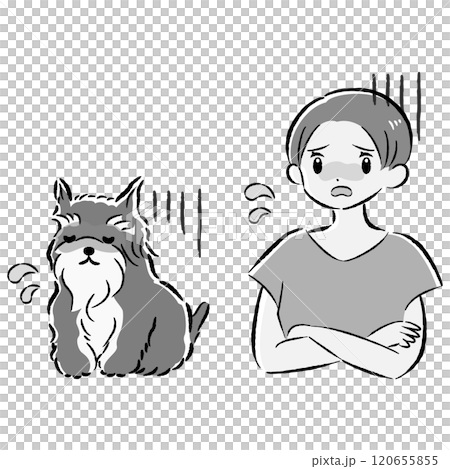 体調不良の犬と心配する飼い主の女性のイラストセット 120655855