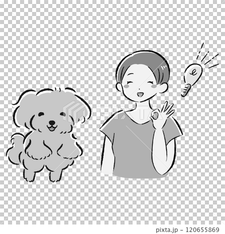 Illustration set of a jumping dog and an owner who comes up with an idea 120655869
