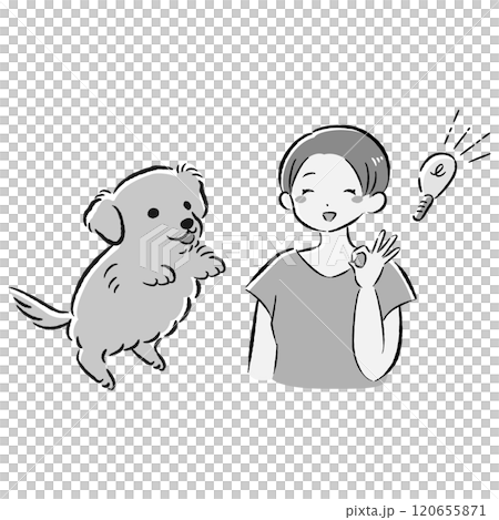 一隻跳躍的狗和一個想出一個主意的主人的插圖集 120655871