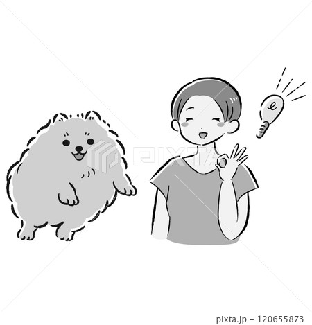 ジャンプする犬とアイデアを思いつく飼い主のイラストセット 120655873