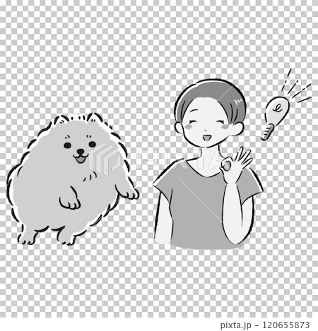 ジャンプする犬とアイデアを思いつく飼い主のイラストセット 120655873