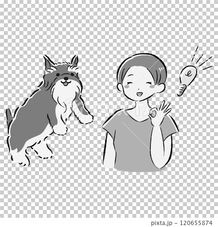 ジャンプする犬とアイデアを思いつく飼い主のイラストセット 120655874