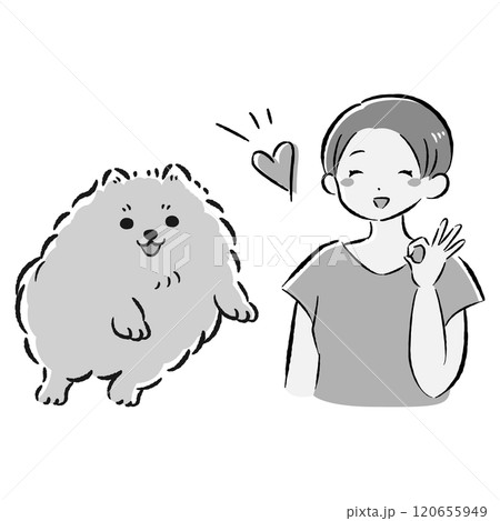 ジャンプする犬と笑顔の飼い主のイラストセット 120655949