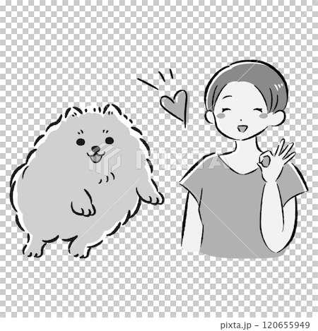 ジャンプする犬と笑顔の飼い主のイラストセット 120655949