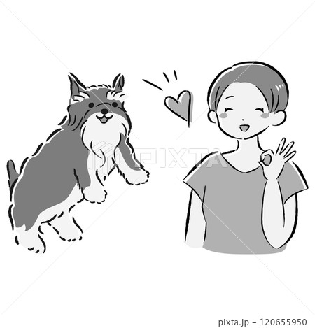 ジャンプする犬と笑顔の飼い主のイラストセット 120655950
