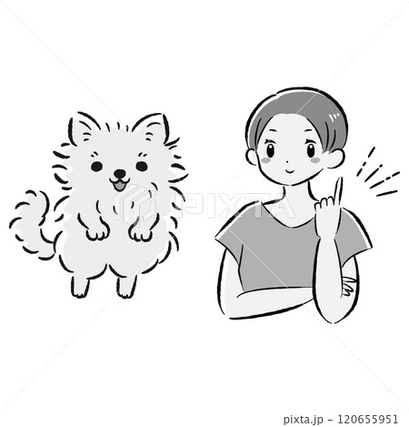 ジャンプする犬と指を差す飼い主（アイデアを思いつく）イラストセット 120655951