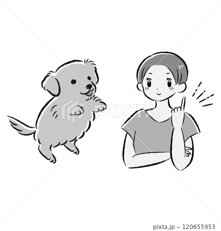 ジャンプする犬と指を差す飼い主（アイデアを思いつく）イラストセット 120655953