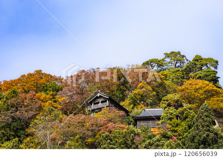 宝珠山立石寺紅葉の山寺の五大堂と開山堂 120656039