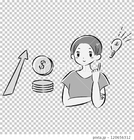 Illustration of a smiling woman with an image of money (dollars) increasing Illustration of a smiling woman with an image of money (dollars) increasing 120656312