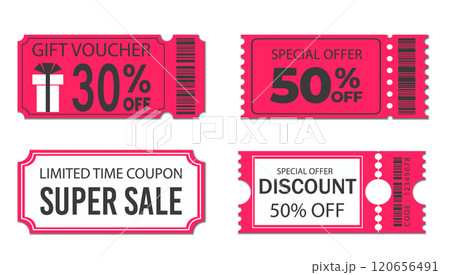 Sale Voucher Coupon. Discount Coupons Tickets Card. Coupon for web design. Isolated Tag label on transparent background, Sale banner with discount coupon. Pink Vector gift voucher vector icons Sale Voucher Coupon. Discount Coupons Tickets Card. Coupon for web design. Isolated Tag label on transparent background, Sale banner with discount coupon. Pink Vector gift voucher vector icons 120656491