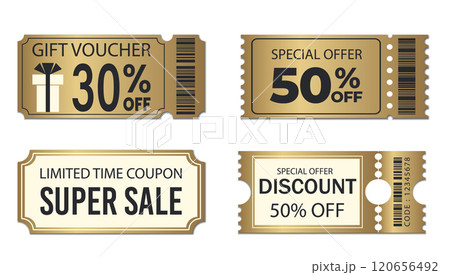 Gold Coupon promotion vector set. Ticket, Voucher, Discount Sale Coupon. Gift voucher 30 50 off price. Percentage Tag label. Discount online purchases. Golden ticket isolated on transparent background 120656492