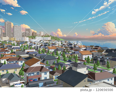 海のある背景　都市　家　住宅　街　CG　BG　街並み　 120656500