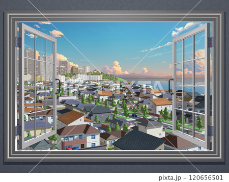 都市　住宅街　CG　窓からの風景　街並み　海のある背景 120656501