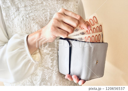 財布からお金を出す女性 財布からお金を出す女性 120656537