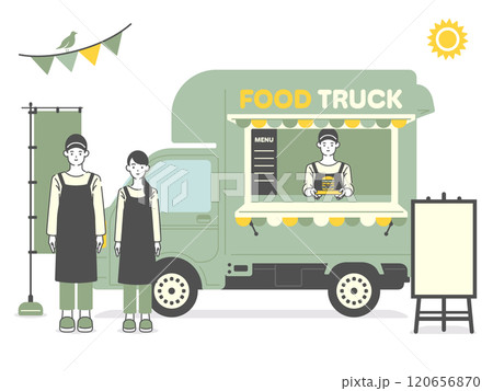 移動販売車イラスト素材：店員と看板素材セット 120656870