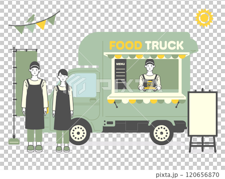 移動販売車イラスト素材：店員と看板素材セット 120656870
