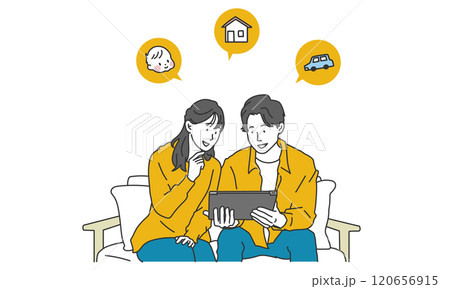 ソファーに座ってライフプランを立てる夫婦のシンプルイラスト 120656915