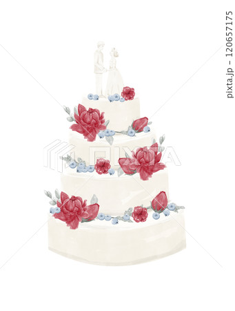 Wedding Cake with Four Tiers with Bride and Groom Figures, Red Peony or Lotus Flowers, Blueberries, Rose Buds and Green Twigs and Leaves Herbs Topping, Watercolor Digital Illustration for Print Wedding Cake with Four Tiers with Bride and Groom Figures, Red Peony or Lotus Flowers, Blueberries, Rose Buds and Green Twigs and Leaves Herbs Topping, Watercolor Digital Illustration for Print 120657175