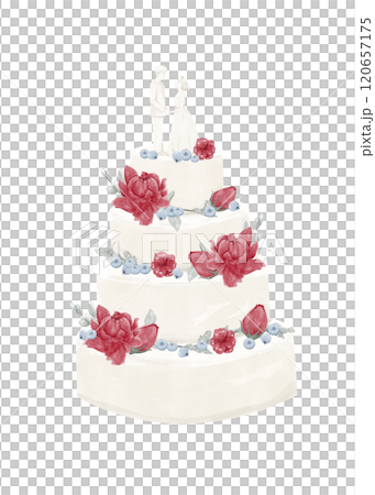 Wedding Cake with Four Tiers with Bride and Groom Figures, Red Peony or Lotus Flowers, Blueberries, Rose Buds and Green Twigs and Leaves Herbs Topping, Watercolor Digital Illustration for Print Wedding Cake with Four Tiers with Bride and Groom Figures, Red Peony or Lotus Flowers, Blueberries, Rose Buds and Green Twigs and Leaves Herbs Topping, Watercolor Digital Illustration for Print 120657175