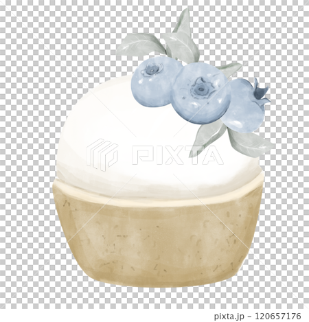 Cupcake with White Vanilla Cream, Blueberries and Herb Leaves Topping, Watercolor Digital Illustration for Print and Web Use Cupcake with White Vanilla Cream, Blueberries and Herb Leaves Topping, Watercolor Digital Illustration for Print and Web Use 120657176