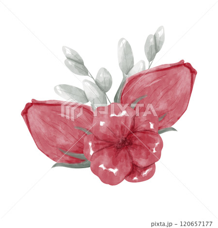 Floral Arrangement, Nasturtium Flower Head, Closed Rose Buds, Green Oval Leaves, Watercolor Digital Illustration for Print and Web Use 120657177