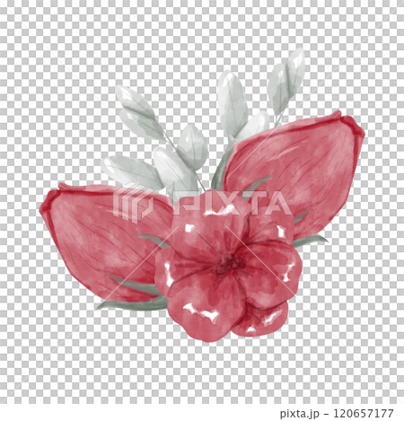 Floral Arrangement, Nasturtium Flower Head, Closed Rose Buds, Green Oval Leaves, Watercolor Digital Illustration for Print and Web Use 120657177