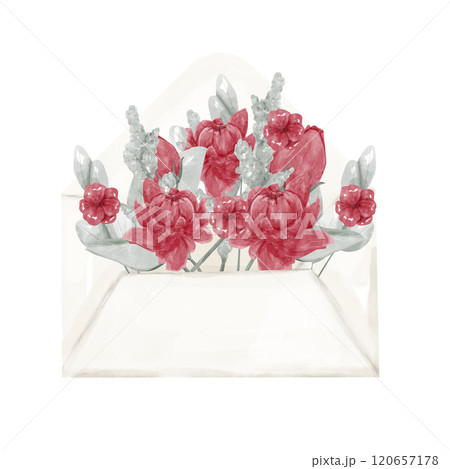 Open Envelope with Red Peony or Lotus Flowers, Green Branches and Herb Leaves, Watercolor Digital Illustration for Print and Web Use 120657178