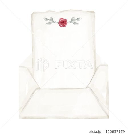 Open Envelope with Blank Paper Sheet, with Red Flower and Green Grass Leaves, Watercolor Digital Illustration for Print and Web Use 120657179