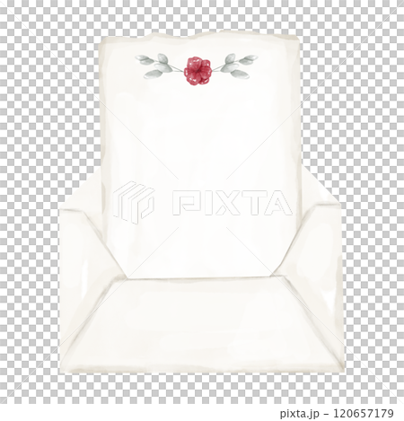 Open Envelope with Blank Paper Sheet, with Red Flower and Green Grass Leaves, Watercolor Digital Illustration for Print and Web Use 120657179