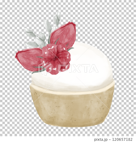 Vanilla Cupcake with Buttercream Frosting, Edible Red Flowers and Green Leaves Topping, Watercolor Digital Illustration for Print and Web Use 120657182