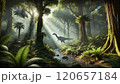 Jurassic jungle, ancient ferns, trees, dinosaur with a river 120657184