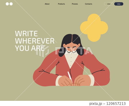 Writing people, modern flat vector concept illustration- sitting woman thoughtfully writing on paper, bubble near head Metaphor for reflection, personal insight, contemplation, creative expression Writing people, modern flat vector concept illustration- sitting woman thoughtfully writing on paper, bubble near head Metaphor for reflection, personal insight, contemplation, creative expression 120657213