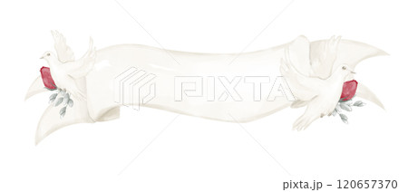 Copy Space Ribbon Banner with White Doves, Red Flower Buds and Small Green Herb Leaves, Watercolor Digital Illustration for Print and Web Use 120657370