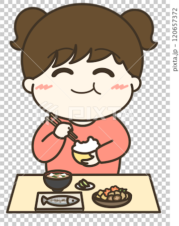 A cute illustration of a girl munching away deliciously 120657372