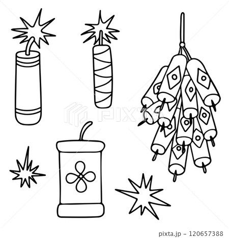 Firecrackers Icon Set. Black line contour elements isolated on a white background. Simple flat doodle design. Chinese style. New year, Celebration, Festival, Greeting cards, holiday decor, print, etc. 120657388