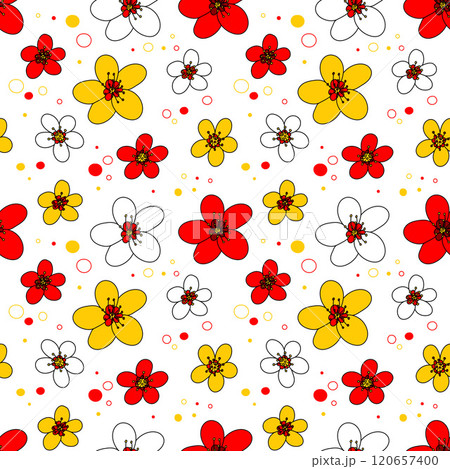 Colorful Floral Pattern. Seamless endless ornament. Plum bloom, cheerful bright colors. Simple flowers. Lunar New Year celebration, street festival. Fabric, textile, print, web, wallpaper, background 120657400