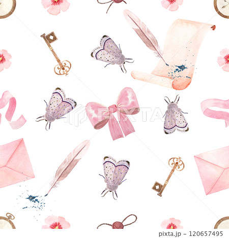 Antique key, a parchment, a quill and an envelope, ribbon watercolor seamless pattern isolated on white. Hand painted art perfect for wrapping paper, textile, cards, stationary decor. Vintage clipart 120657495