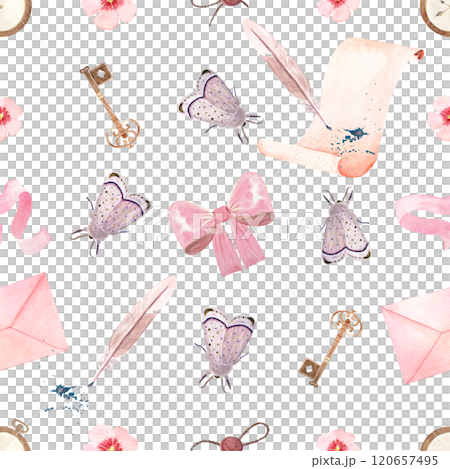 Antique key, a parchment, a quill and an envelope, ribbon watercolor seamless pattern isolated on white. Hand painted art perfect for wrapping paper, textile, cards, stationary decor. Vintage clipart 120657495