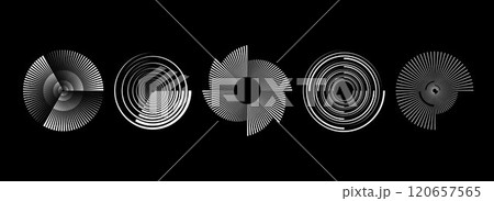Radial abstract spiral pattern set. Rotating circle sound wave concepts. Circular speed line form collection. Sunburst ray and beam design element for icon, badge, logo, tag, label, emblem. Vector Radial abstract spiral pattern set. Rotating circle sound wave concepts. Circular speed line form collection. Sunburst ray and beam design element for icon, badge, logo, tag, label, emblem. Vector 120657565