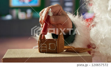 Father Christmas decorates homemade gingerbread house with frosting and beads, North Pole log cabin workshop. Santa keeping the festive tradition of baking sweet treats with cinnamon. Camera A. 120657572