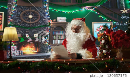 Santa Claus checks his list twice in this warm Christmas setting. Magical tradition with gifts and toys fill the heart of Saint Nicholas with holiday spirit, reading letters from children. Camera B. Santa Claus checks his list twice in this warm Christmas setting. Magical tradition with gifts and toys fill the heart of Saint Nicholas with holiday spirit, reading letters from children. Camera B. 120657576