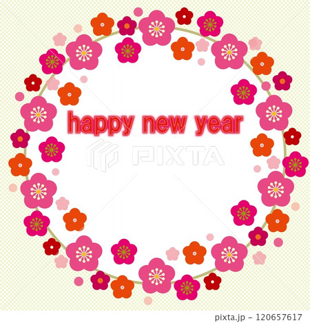 ハッピーニューイヤー　happy new year　フレーム　梅　市松模様 120657617